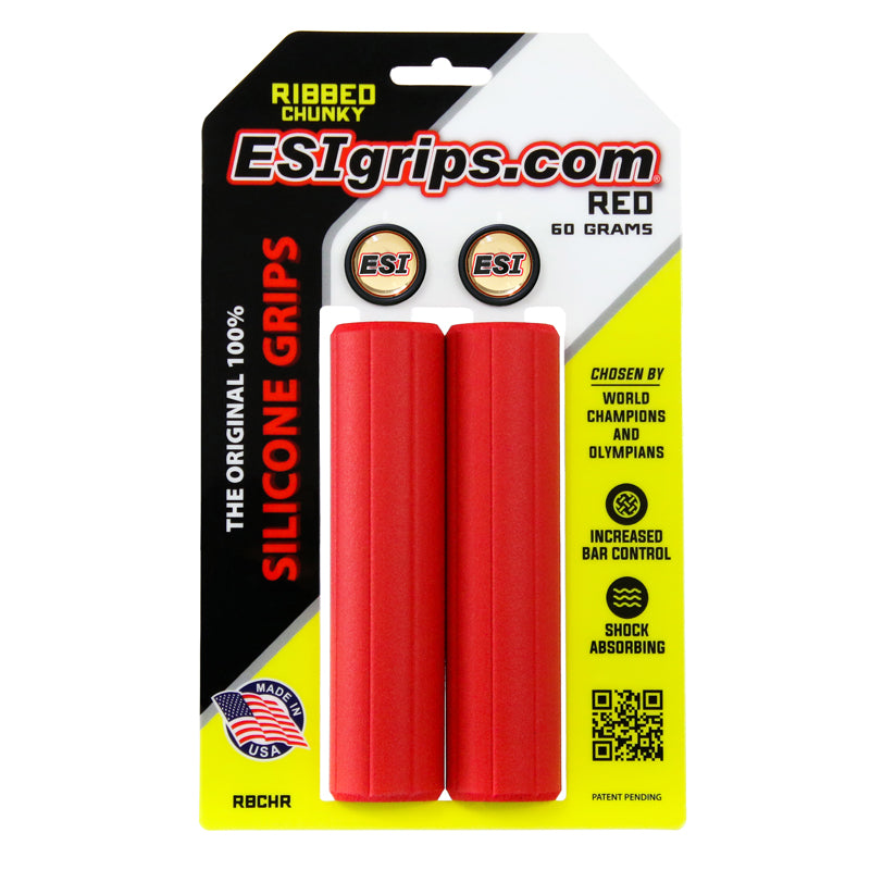 ESI Grips Silicone Bicycle Grips Ribbed Chunky Red on packaging
