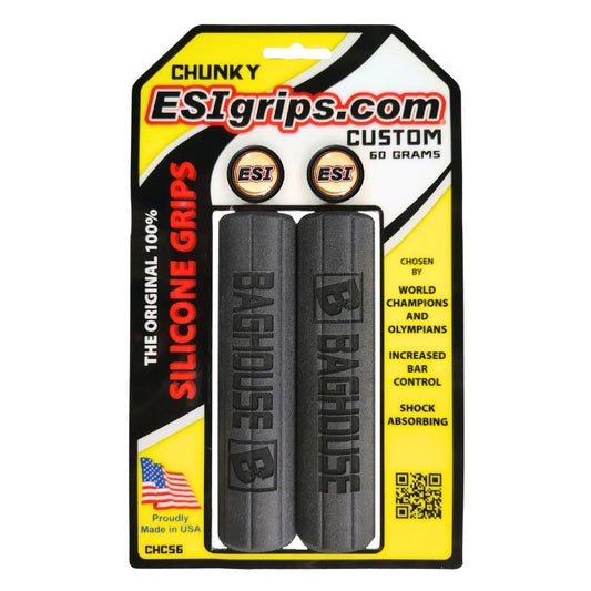 Custom Engraved ESI Grips silicone bicycle grips in Ribbed Chunky Black with business logo engraved into silicone grip