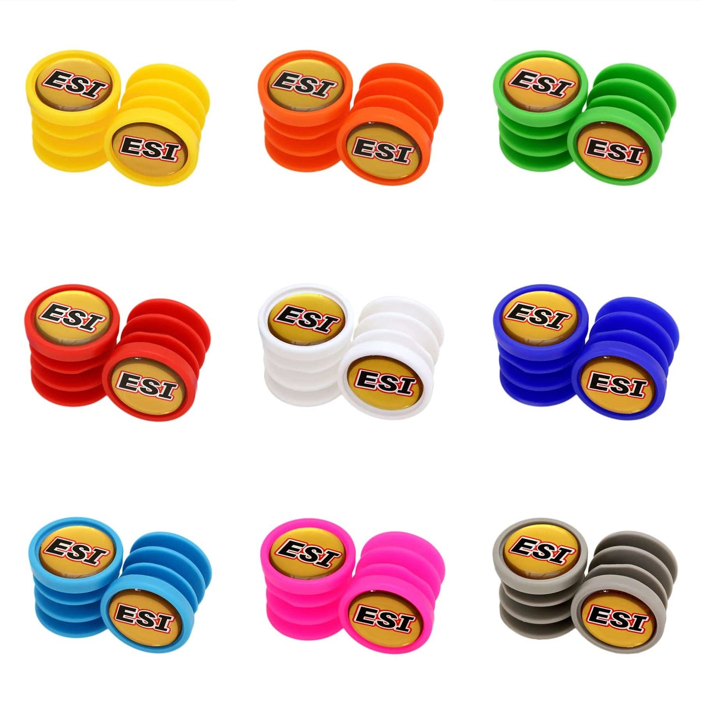 ESI Grips Bar Plugs in a variety of bright colors with Gold ESI Decal