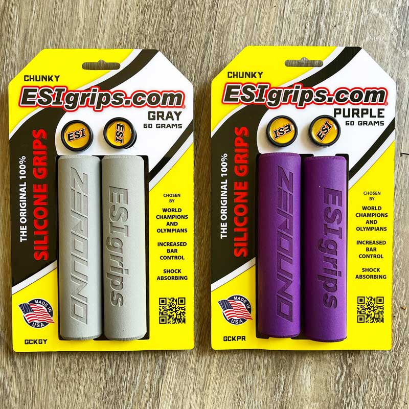 Custom Engraved ESI Grips Silicone Bicycle Grips in Chunky Gray and Purple