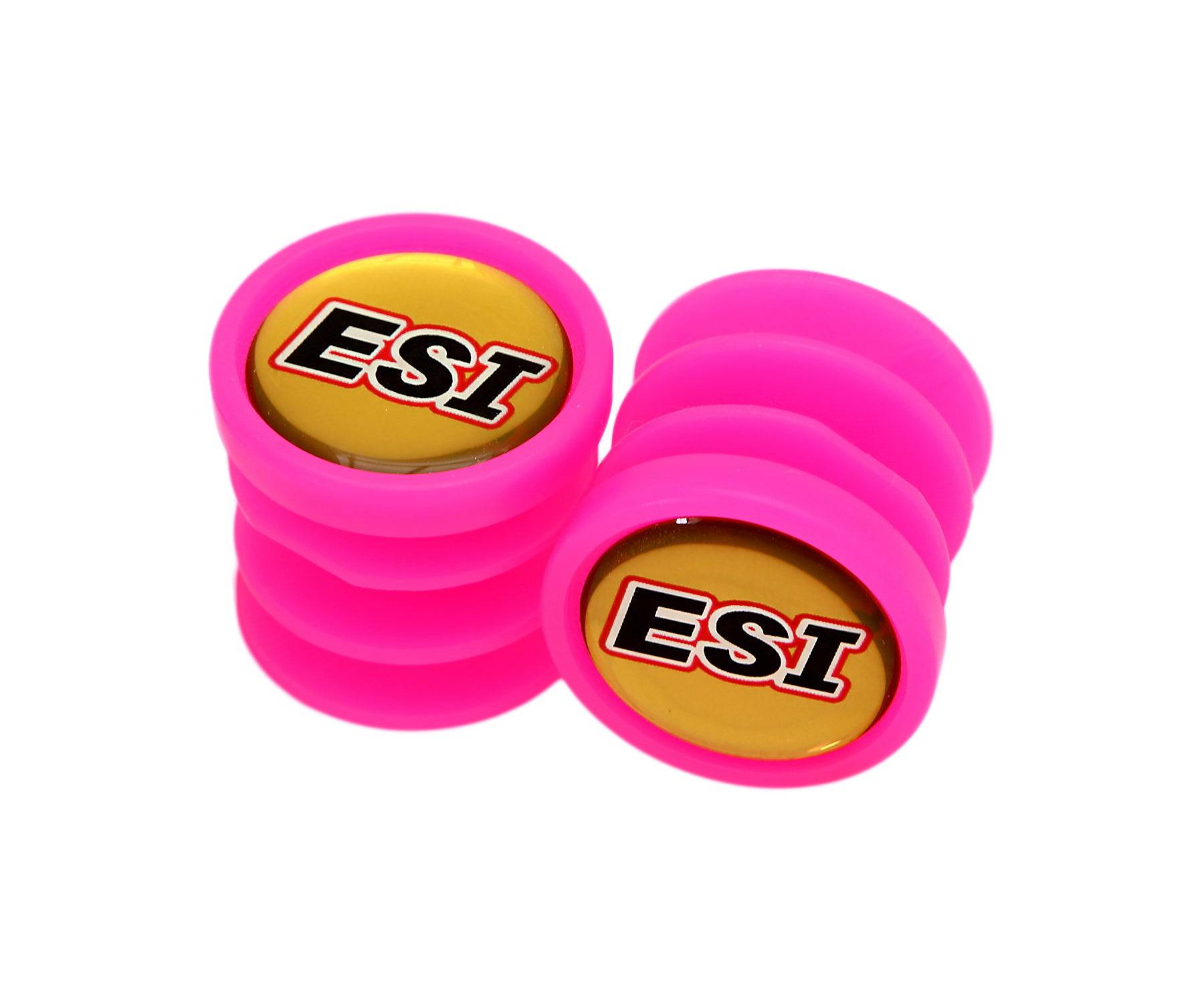 ESI Grips Bar Plugs in neon Pink with Gold ESI Decal 