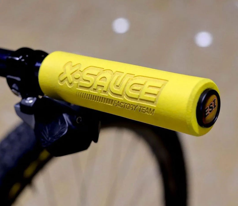 Custom Engraved team logo ESI Grips Silicone Bicycle Grips in Chunky Yellow